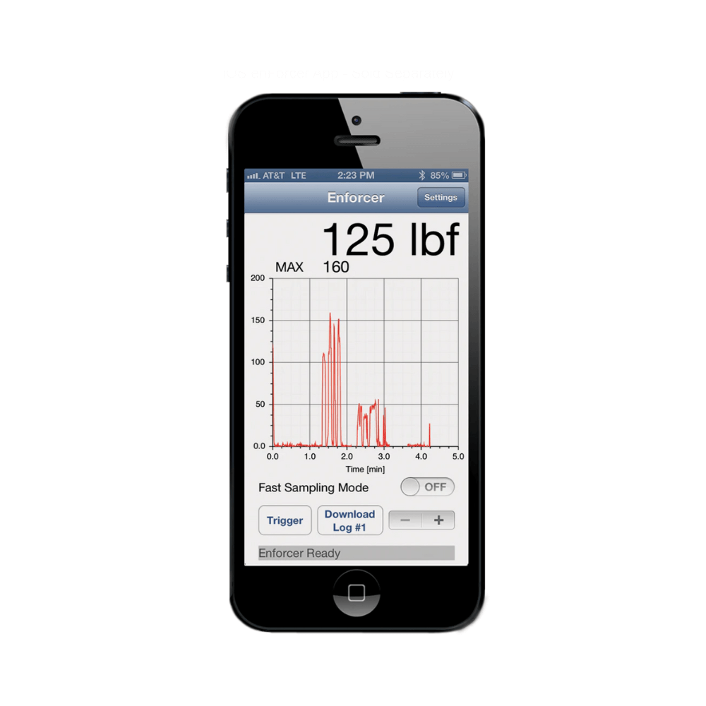 Smartphone displaying Enforcer app with force measurement for tree surgeons, featuring graph and logging options.