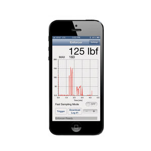 Smartphone displaying Enforcer app with force measurement for tree surgeons, featuring graph and logging options.