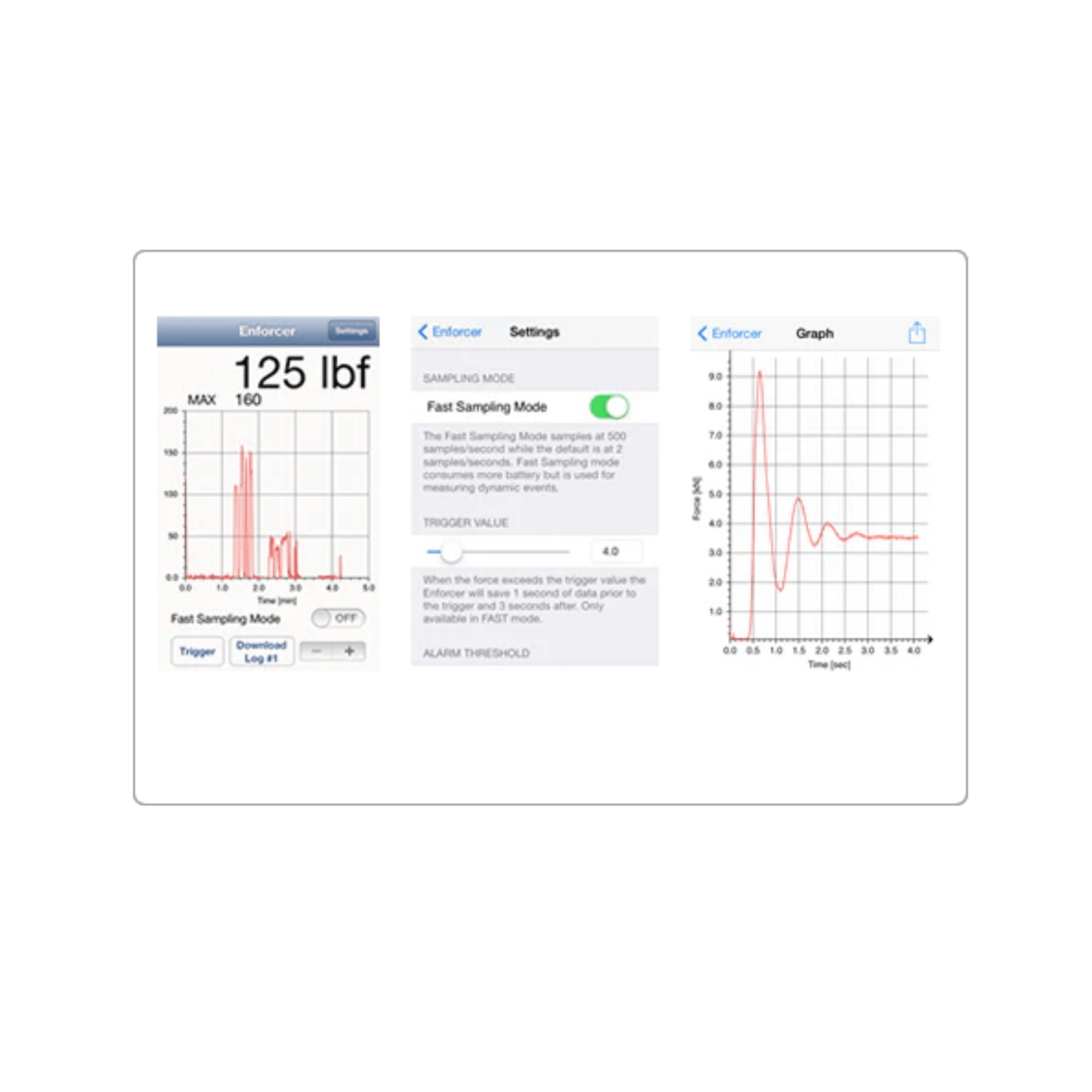 Enforcer Load Cell & Case display showing force measurement settings and graph.