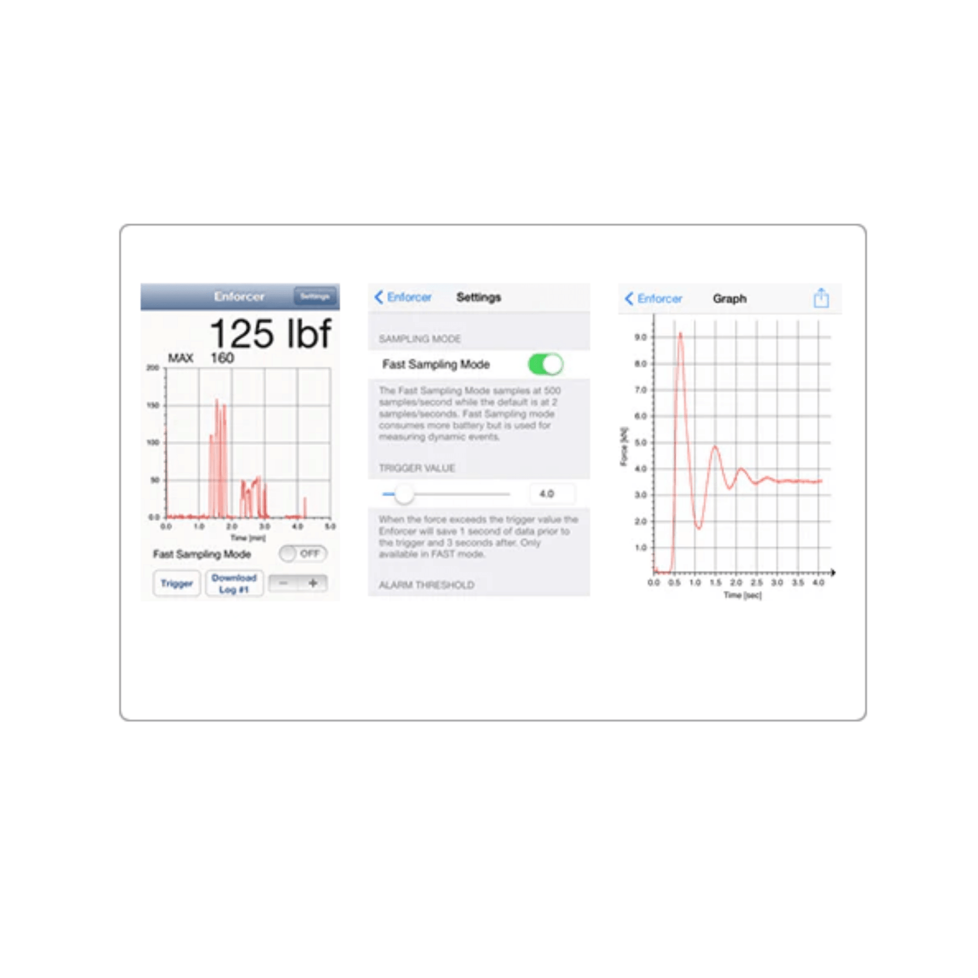 Enforcer Load Cell & Case display showing force measurement settings and graph.