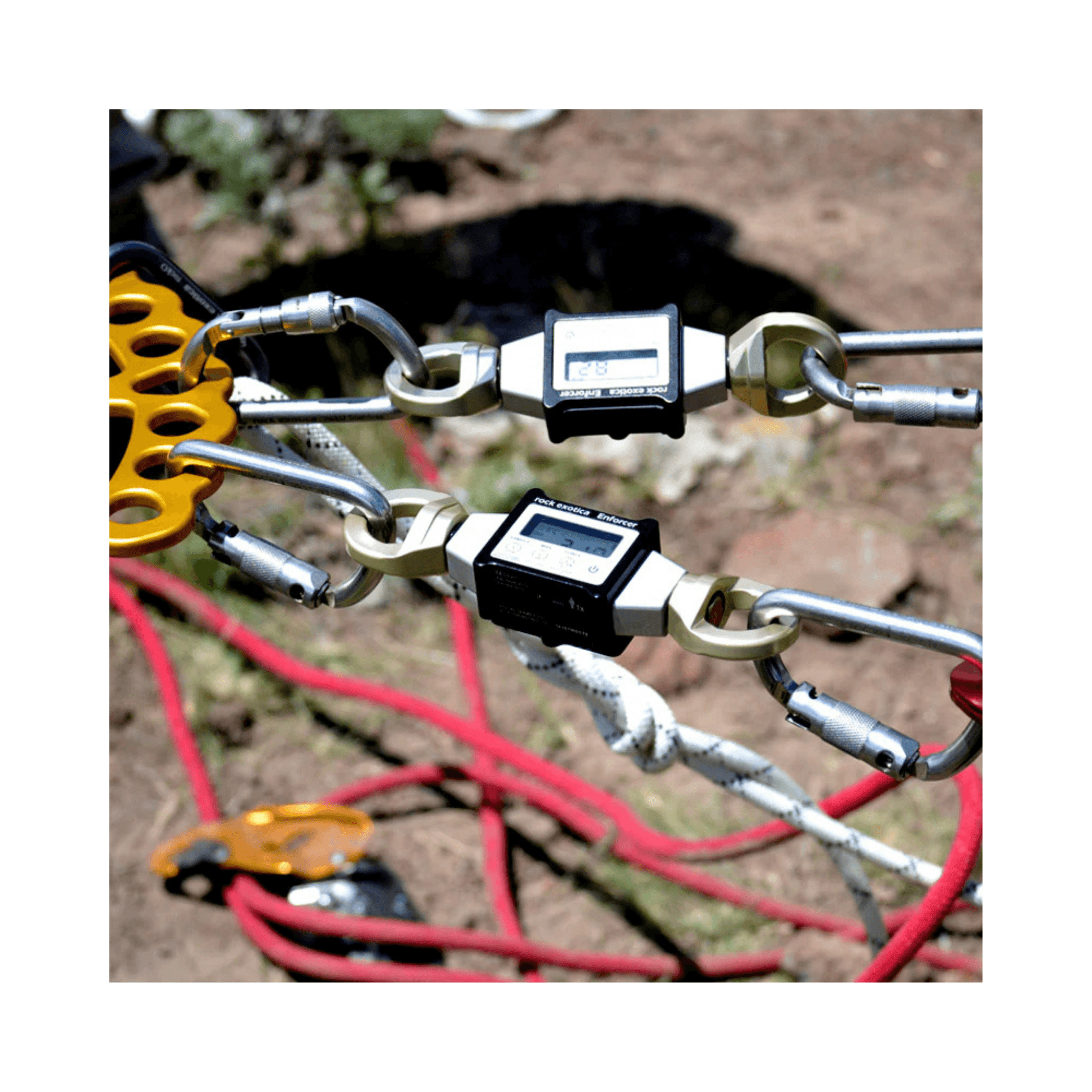 Enforcer Load Cell & Case connected to rigging equipment for accurate force measurement.