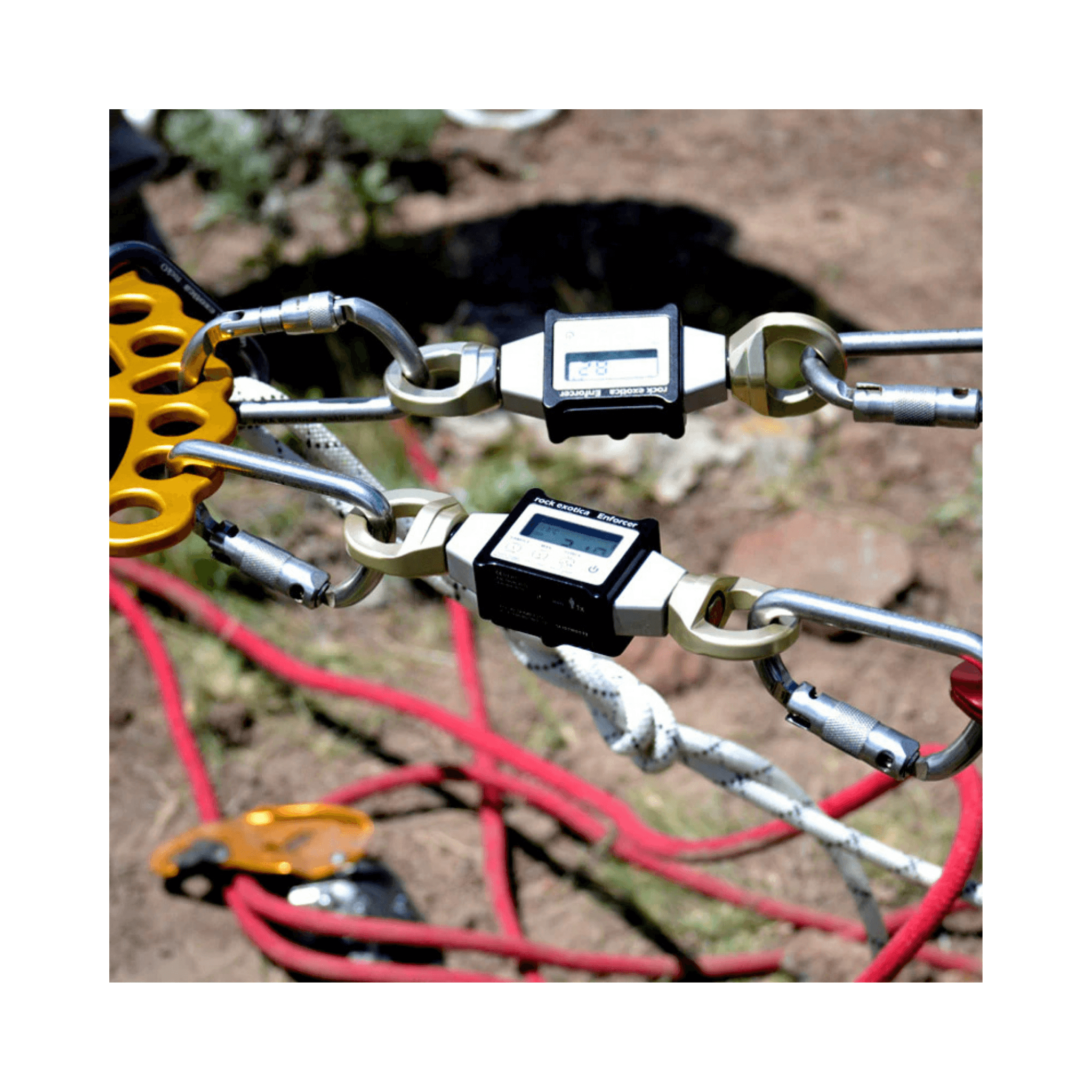 Enforcer Load Cell & Case connected to rigging equipment for accurate force measurement.
