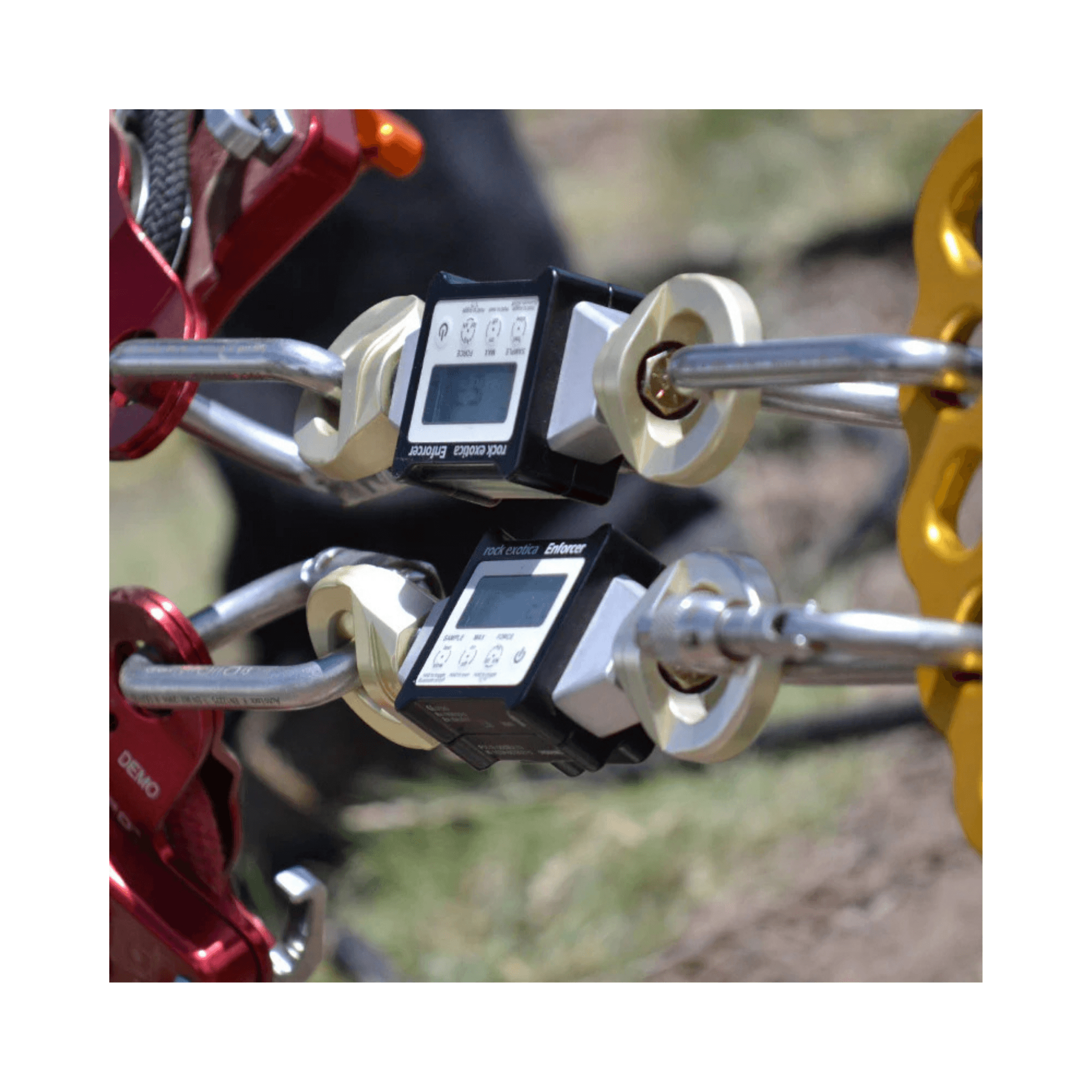 Enforcer Load Cell & Case showing compact Bluetooth force measurement devices for precise load monitoring.