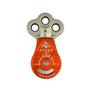 Hydra Triple Attachment Swivel Pulley designed for tree surgeons by Rock Exotica, featuring a compact and efficient design.