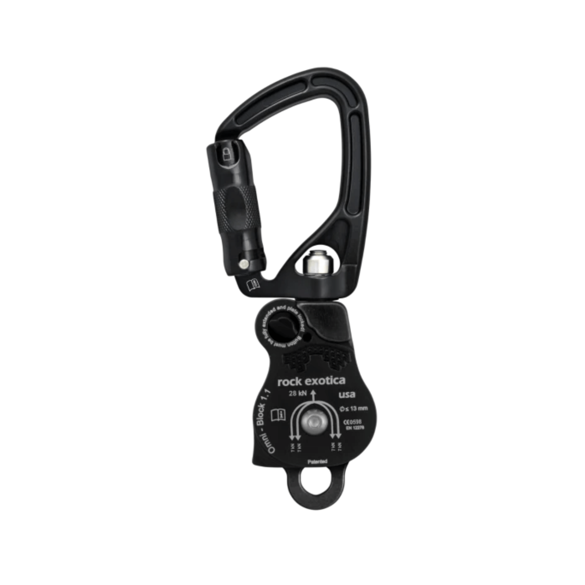 Rock Exotica Omni-Block SwivaBiner double carabiner pulley for tree surgeons, features built-in swivel and double pulley design.