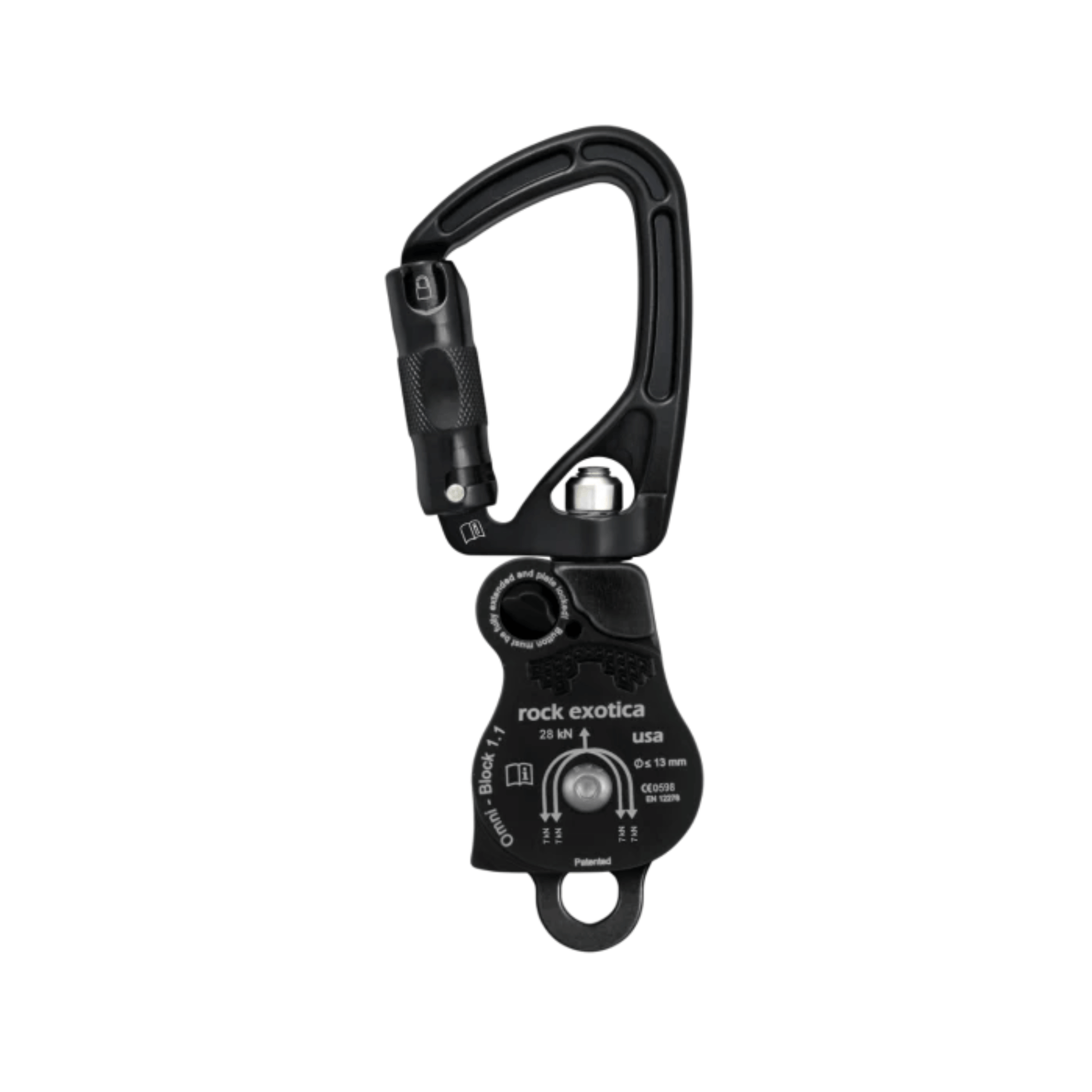 Rock Exotica Omni-Block SwivaBiner double carabiner pulley for tree surgeons, features built-in swivel and double pulley design.