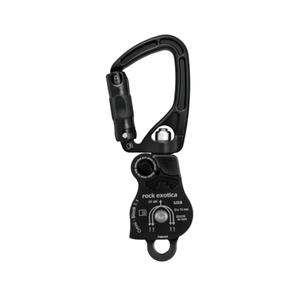 Rock Exotica Omni-Block SwivaBiner double carabiner pulley for tree surgeons, features built-in swivel and double pulley design.