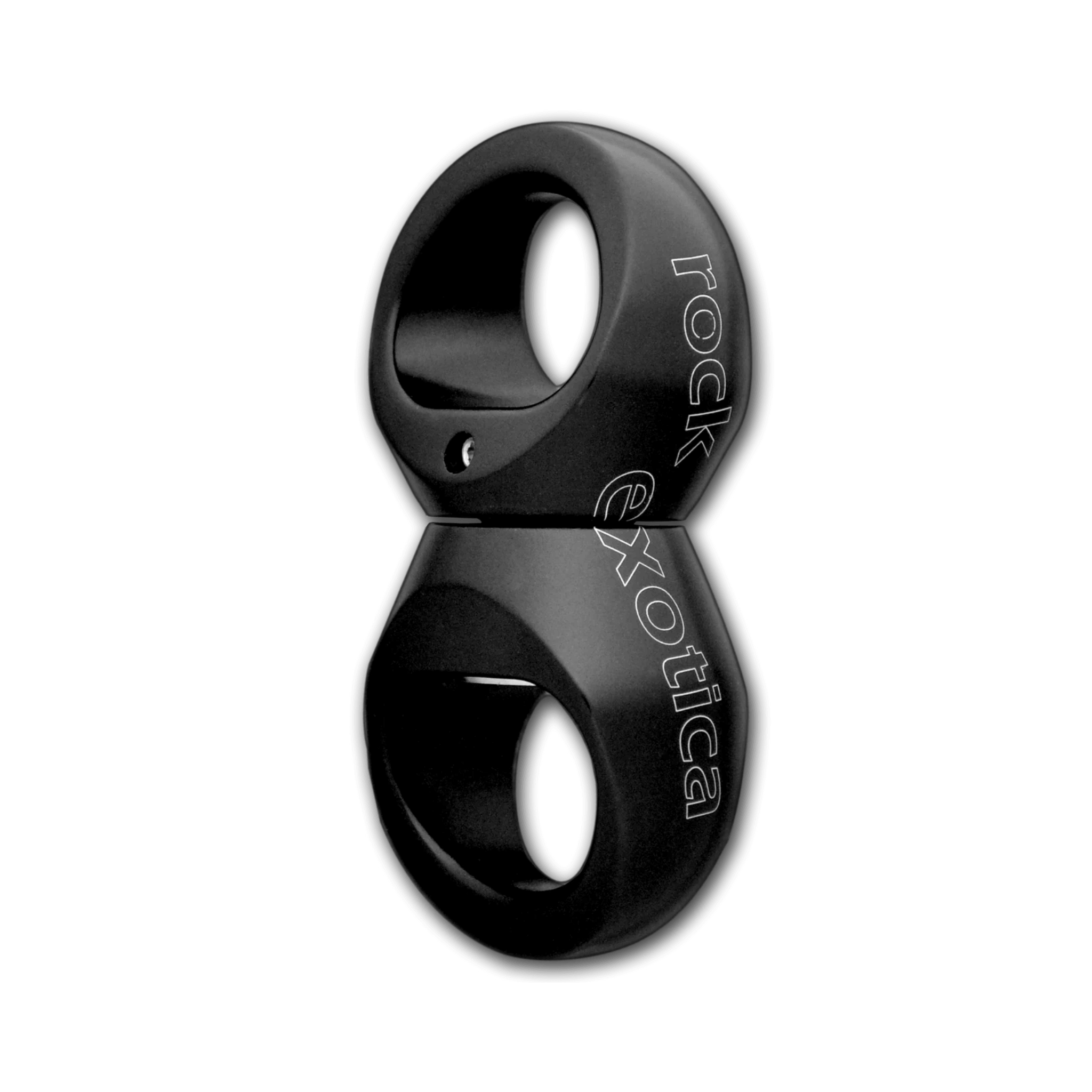 Rock Exotica Orbitor Swivel shown in black, compact design for rigging and rope access applications.
