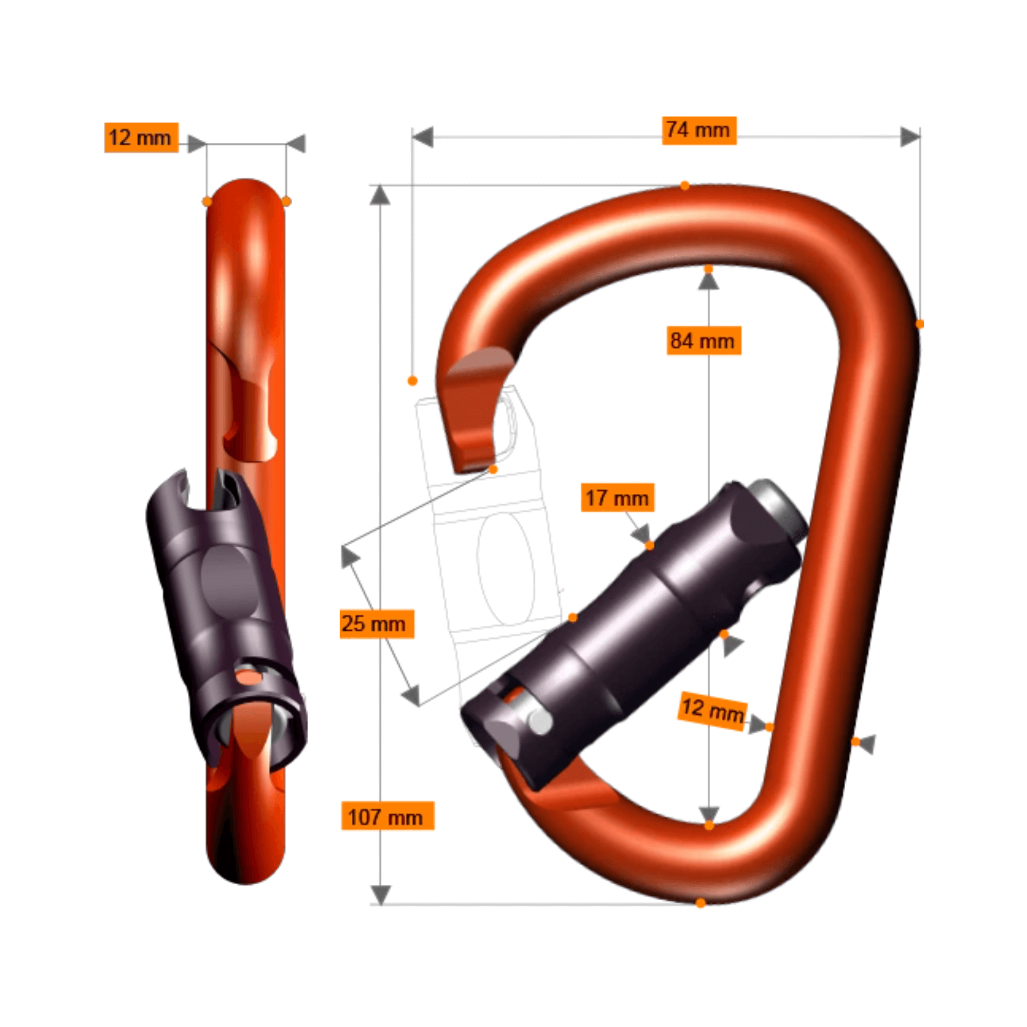 Pirate WireEye Auto Lock Carabiner dimensions with measurements for tree surgeons and climbers.