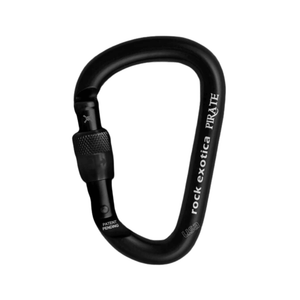 Black carabiner with 'Rock Exotica' branding on a white background