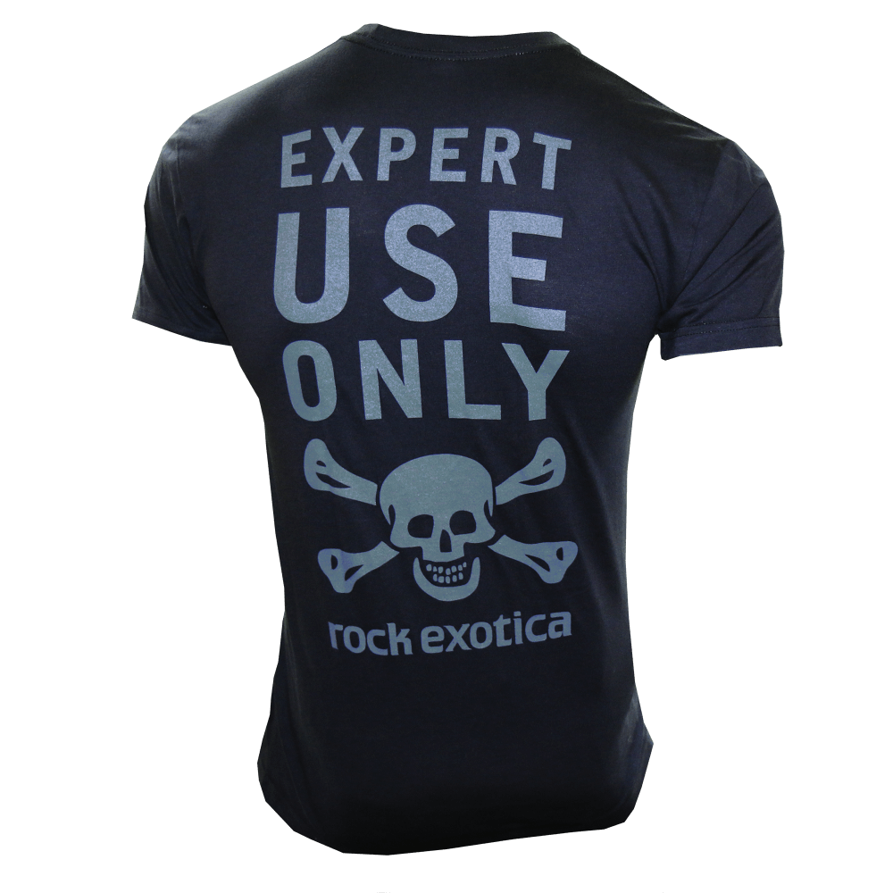 Back view of men's black RockTee short sleeve top featuring Expert Use Only graphic and Rock Exotica logo, ideal for tree surgeons.