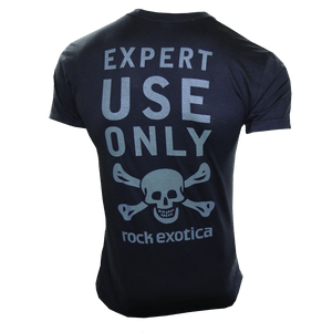 Back view of men's black RockTee short sleeve top featuring Expert Use Only graphic and Rock Exotica logo, ideal for tree surgeons.