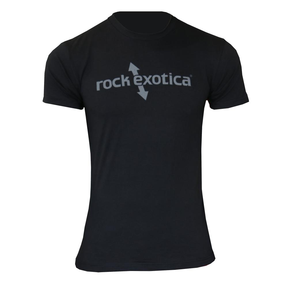 Black RockTee short sleeve top for men featuring Rock Exotica logo, ideal for tree surgeons.