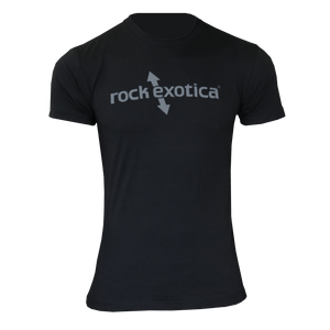 Black RockTee short sleeve top for men featuring Rock Exotica logo, ideal for tree surgeons.