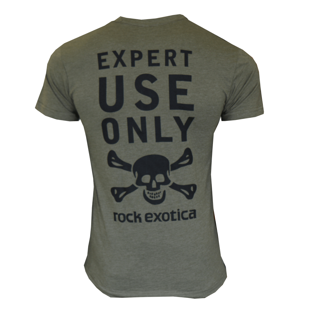 Men's green RockTee short sleeve top featuring 'Expert Use Only' graphic and Rock Exotica logo on back.
