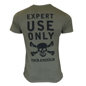 Men's green RockTee short sleeve top featuring 'Expert Use Only' graphic and Rock Exotica logo on back.