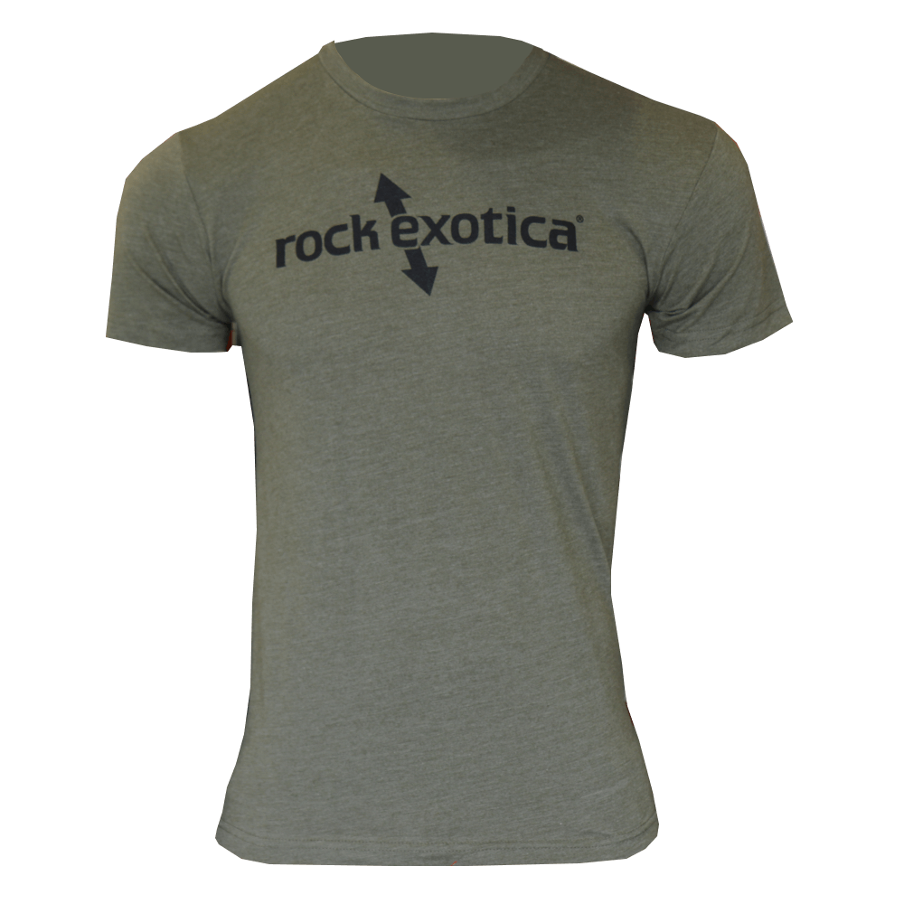 Men's green RockTee short sleeve top featuring Rock Exotica logo, ideal for tree surgeons and outdoor enthusiasts.