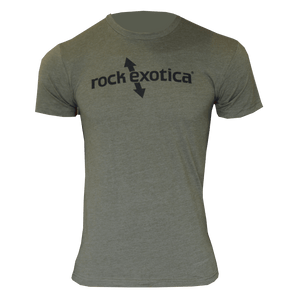 Men's green RockTee short sleeve top featuring Rock Exotica logo, ideal for tree surgeons and outdoor enthusiasts.