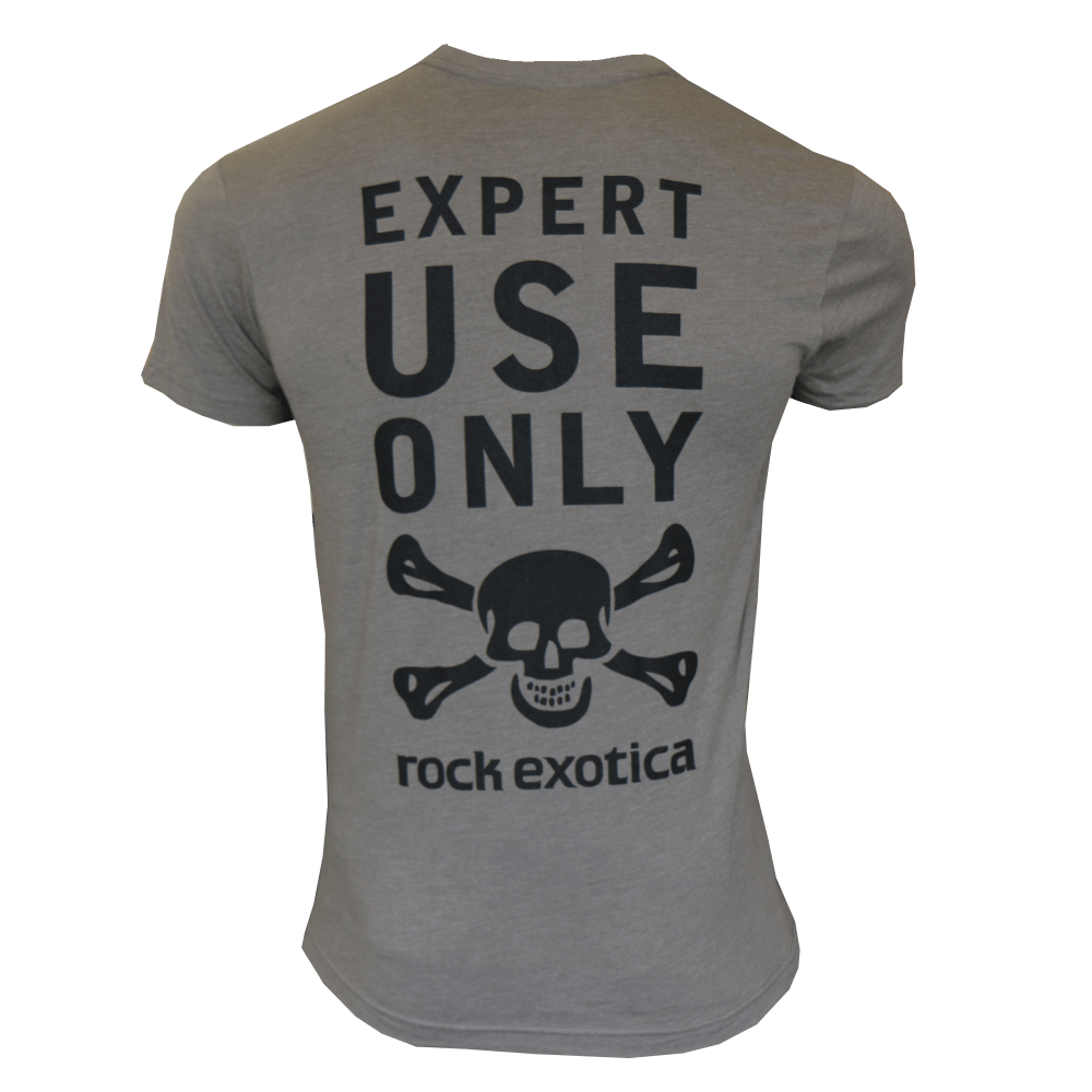 Men's grey RockTee short sleeve top featuring 'Expert Use Only' graphic and Rock Exotica logo for tree surgeons.