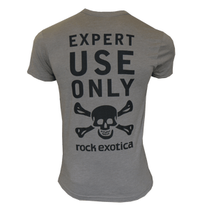 Men's grey RockTee short sleeve top featuring 'Expert Use Only' graphic and Rock Exotica logo for tree surgeons.