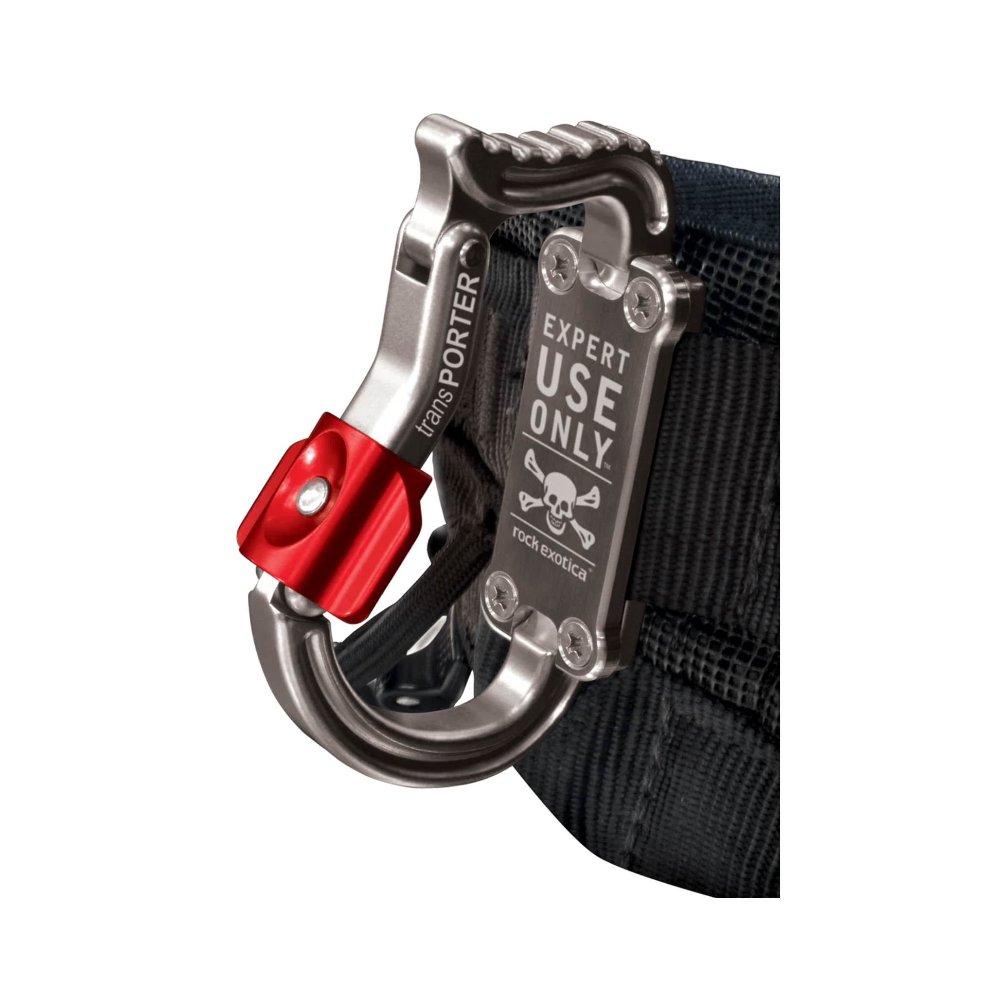 TransPorter Tool Karabiner attached to a harness, showcasing dual push-button locking mechanism.