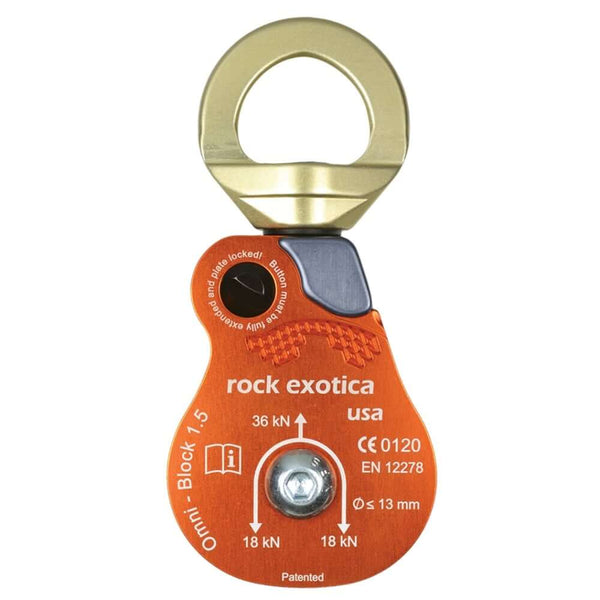 Omni Block 1.5 single pulley by Rock Exotica, designed for tree surgeons, combines a swivel and pulley in one efficient tool.