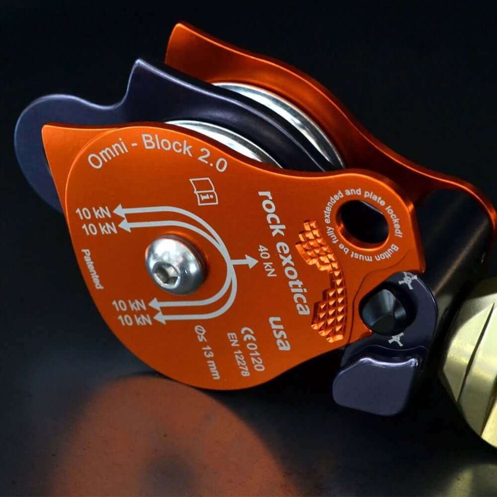 Rock Exotica Omni Block 2.0 Double Swivel Pulley for tree surgeons, featuring durable aluminum and sealed ball bearings.