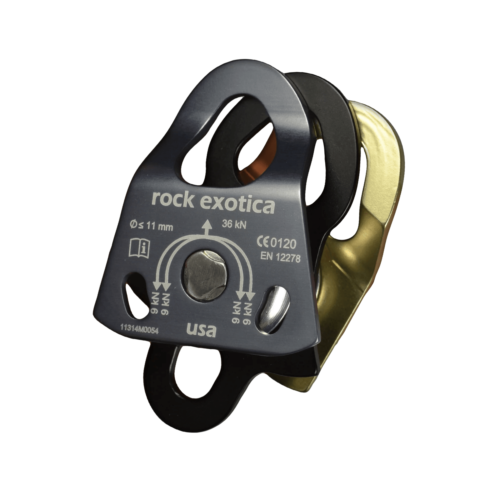 Rock Exotica P21 Double Mini Pulley. Compact, black aluminium, with two sheaves. Ideal for creating efficient mechanical advantage systems for rescue or rigging. 