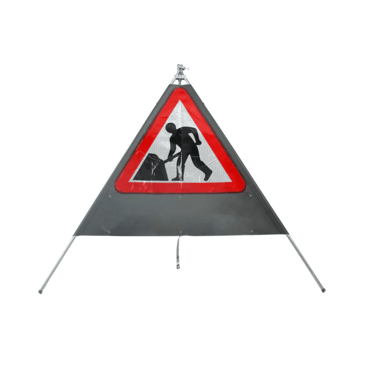 Triangular safety sign warning of road work with a construction worker icon.