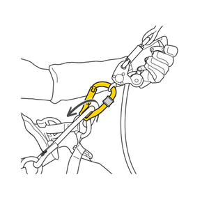 Illustration of a user installing the PETZL ROLLCLIP Z pulley-carabiner, ideal for tree surgeons and rope access professionals.