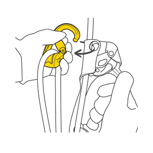 Hand demonstrating the use of a PETZL ROLLCLIP Z pulley-carabiner for rope management and installation.