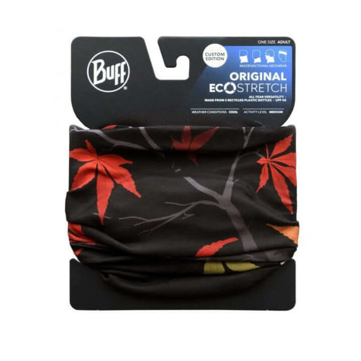 Silky Fox Buff headwear designed for tree surgeons, featuring eco-friendly stretch fabric with autumn leaves design.