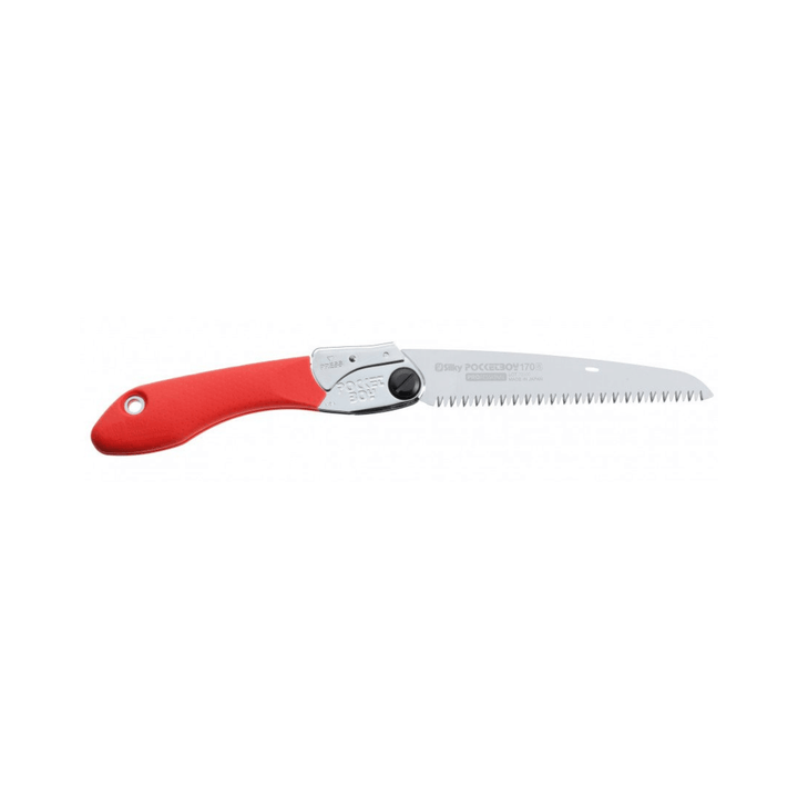 SILKY Pocketboy folding handsaw. Compact, lightweight, with a razor-sharp, impulse-hardened blade. Ideal for pruning, camping, and general outdoor use. Features non-slip grip & secure lock