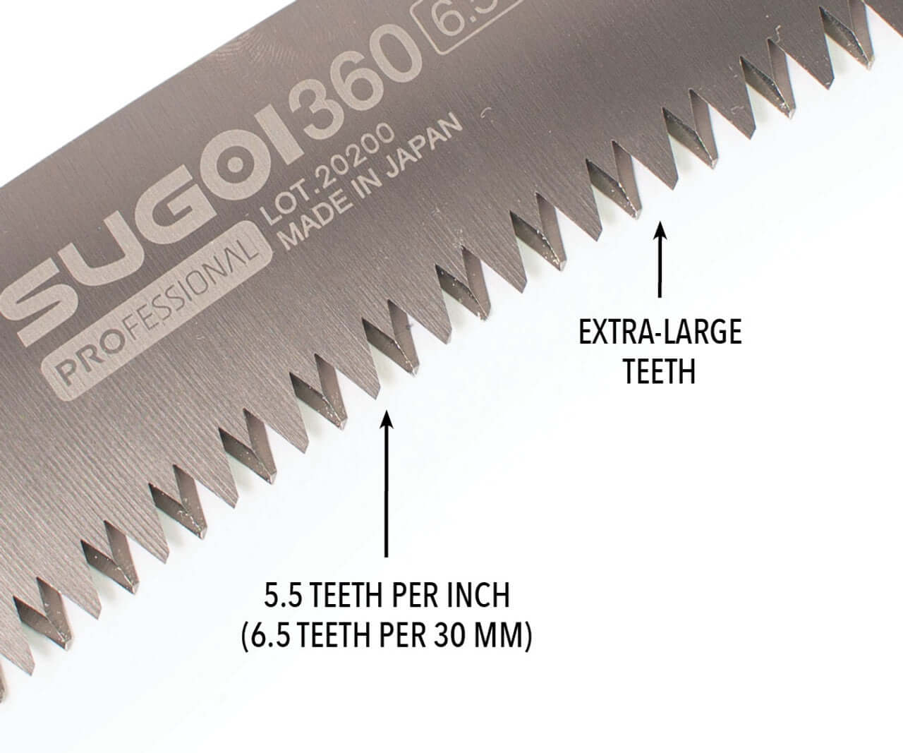 Close-up of Sugoi 360 professional hand saw blade highlighting extra-large teeth for efficient cutting in tree surgery.