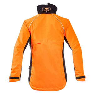 Back view of Stein Keiu Rain Work Jacket in bright orange, designed for tree surgeons, featuring waterproof and breathable materials.
