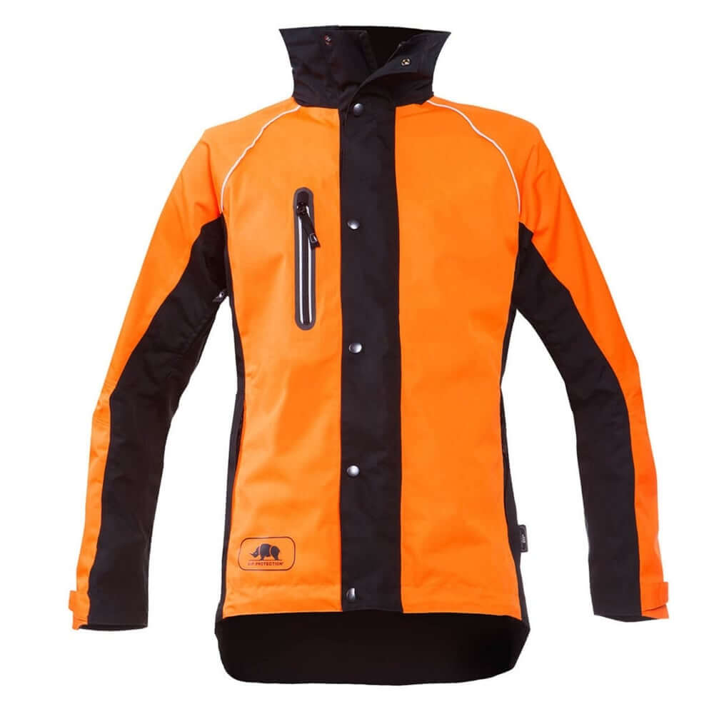 Keiu Rain Work Jacket in vibrant orange and black, designed for tree surgeons, fully waterproof and breathable for comfort.