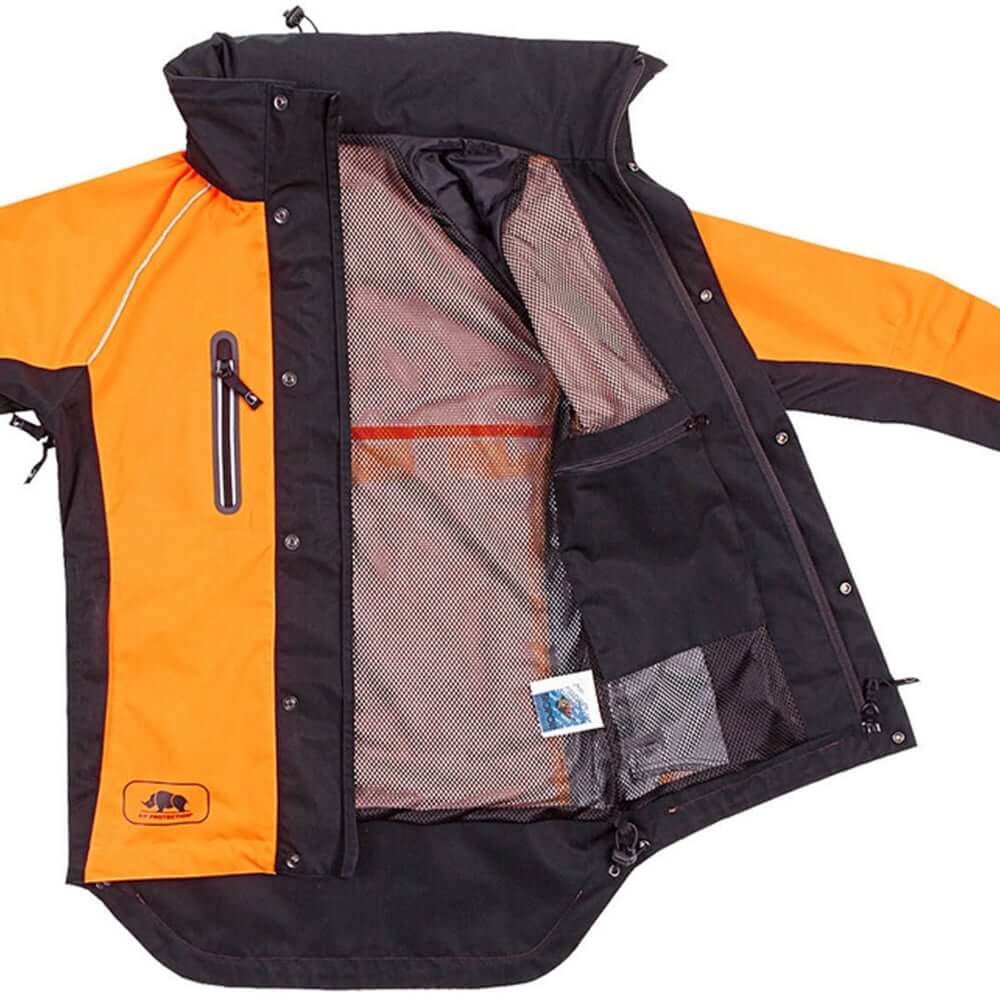Keiu Rain Work Jacket, waterproof and breathable, ideal for tree surgeons, featuring orange and black design, fully lined with pockets.