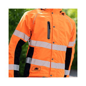Close-up of Keiu Hi-Vis Rain Jacket in high-visibility orange, featuring reflective stripes, ideal for tree surgeons.