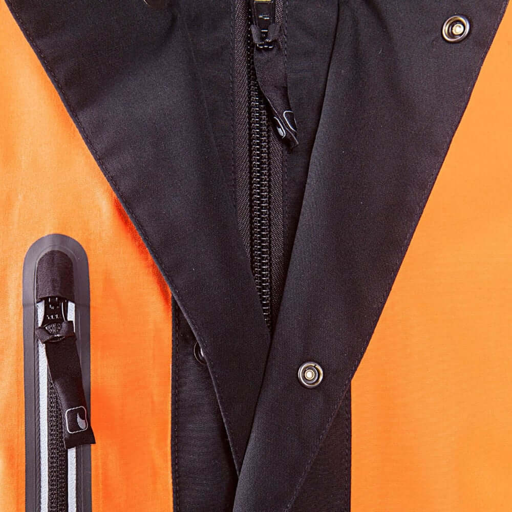 Close-up of the zipper and interior detail of the Keiu Rain Work Jacket, designed for tree surgeons.