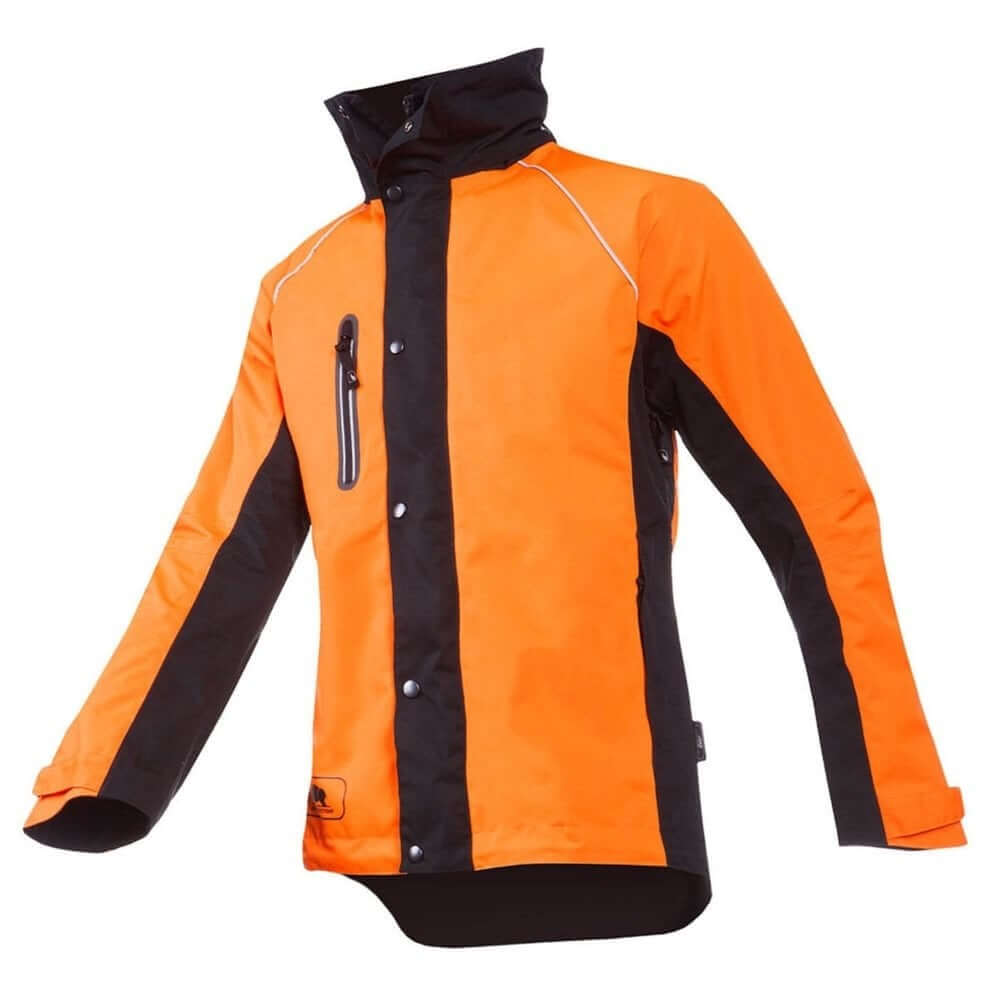 Fluorescent orange and black waterproof work jacket with a mandarin collar, zippered front, and extended back.
