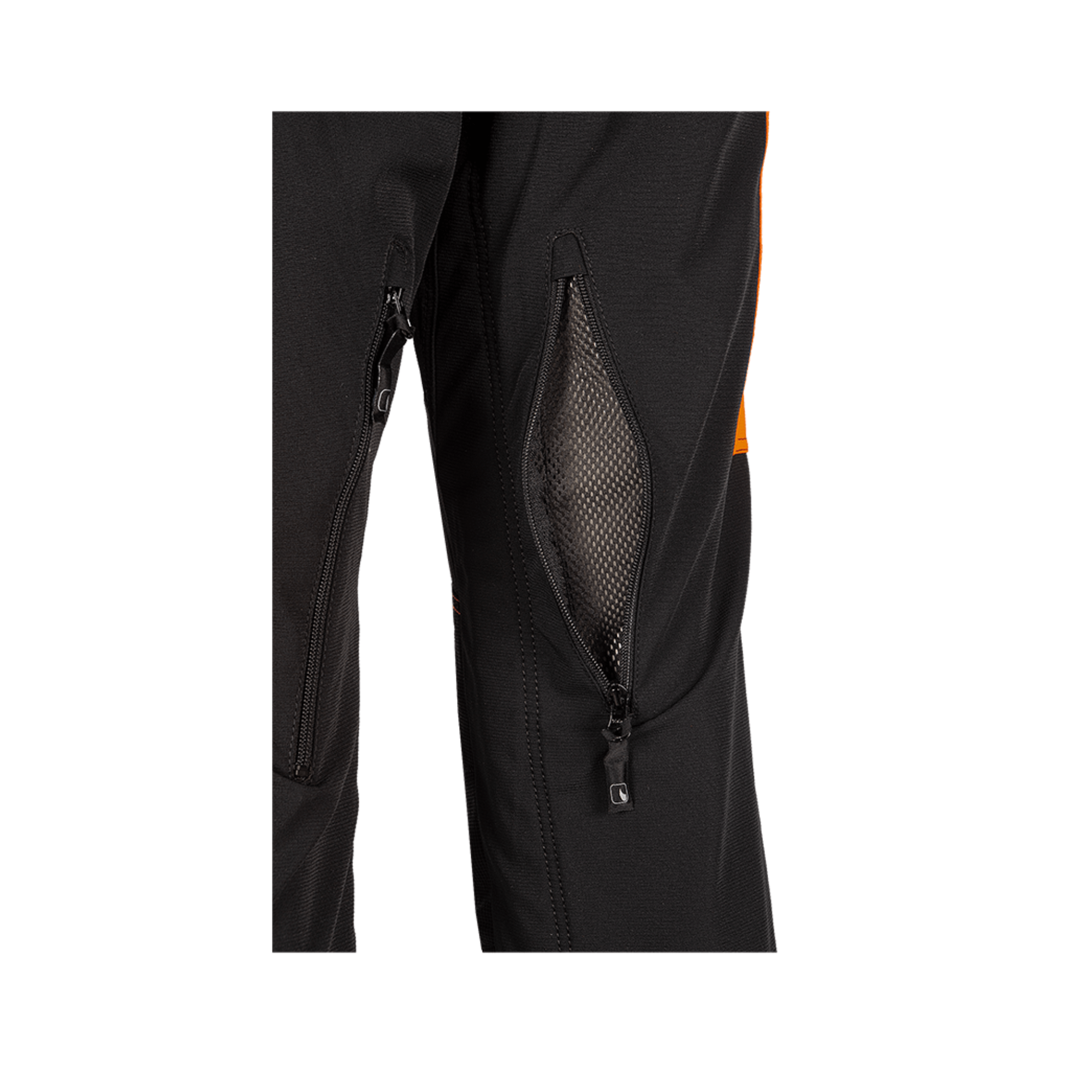 Close-up of SIP Protection NINJA chainsaw trousers featuring zippered pockets for tree surgeons.