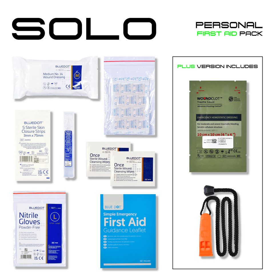 SOLO Plus Personal First Aid Kit for arborists featuring gloves, dressings, and a guidance leaflet.
