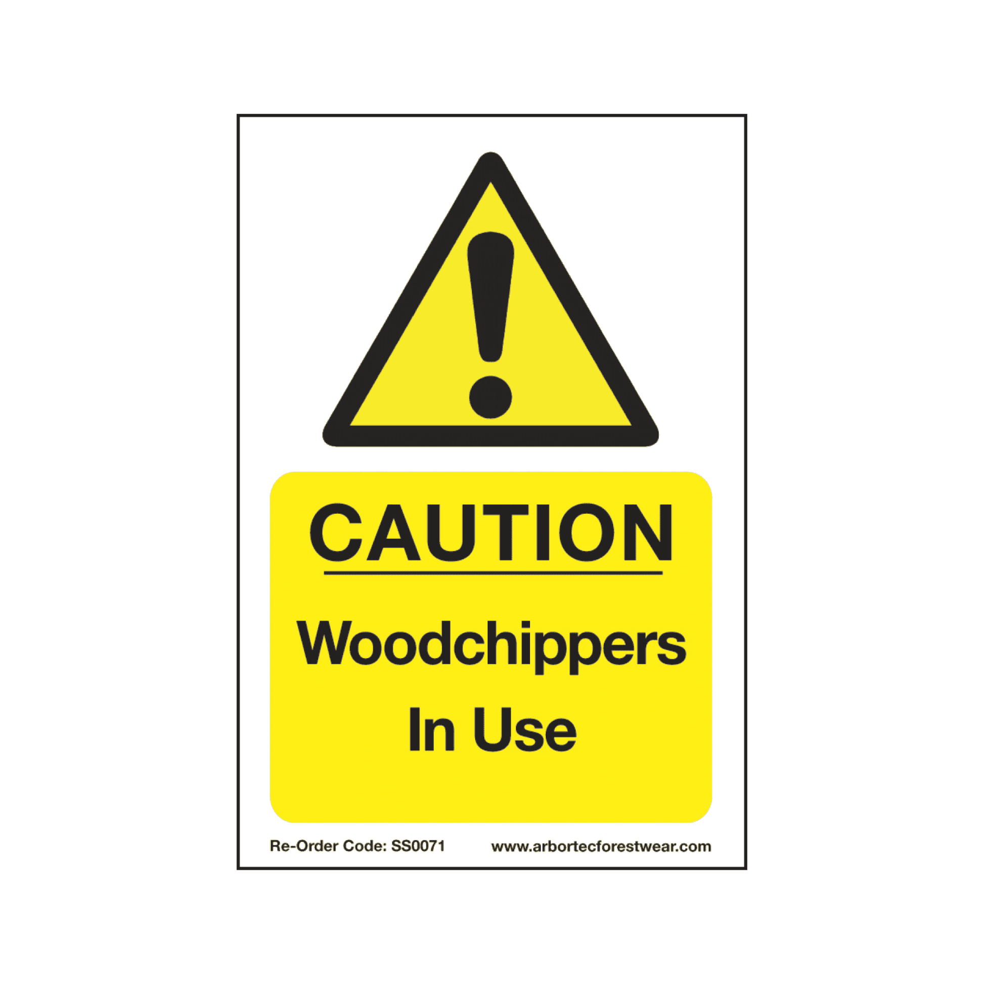 Caution sign warning of woodchippers in use, designed for tree surgeons, made from lightweight fluted plastic.