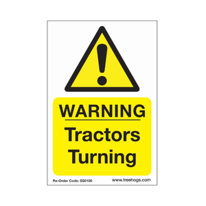 Correx safety sign warning tractors turning for tree surgeons, made of durable fluted plastic for outdoor use.
