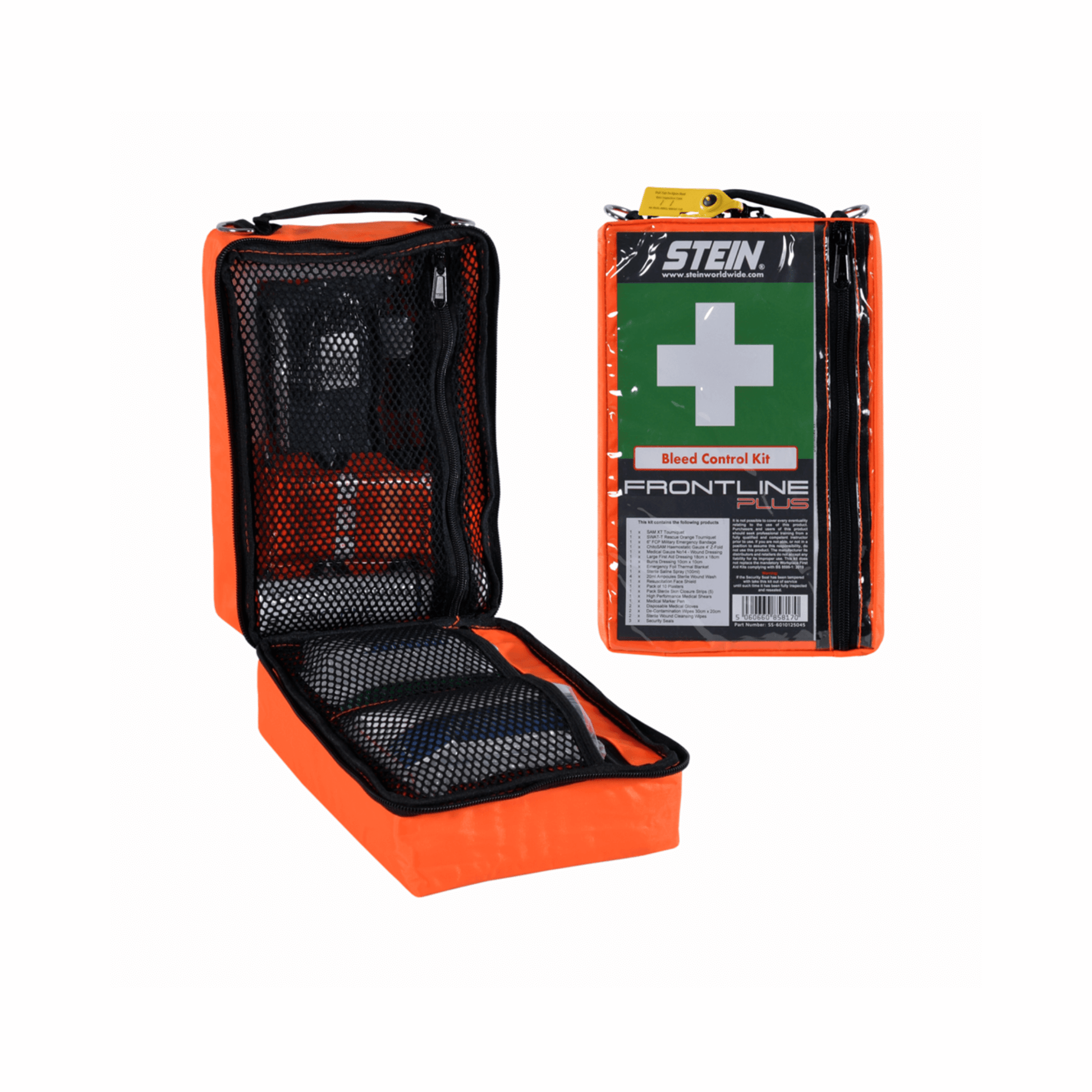 STEIN FRONTLINE Bleed Control Trauma Kit for tree surgeons, featuring essential medical supplies in a bright orange case.