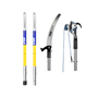 Two telescopic stein poles with yellow accents and two tree pruners on a white background