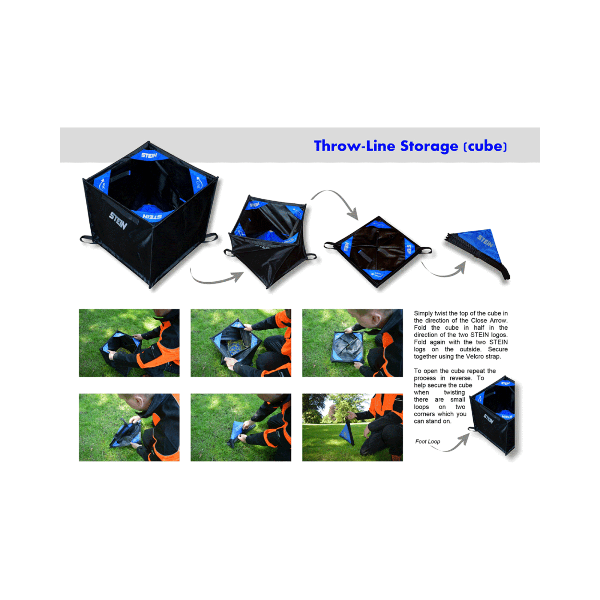 Instructions for using a throw-line storage cube with images of hands opening and closing the cube.