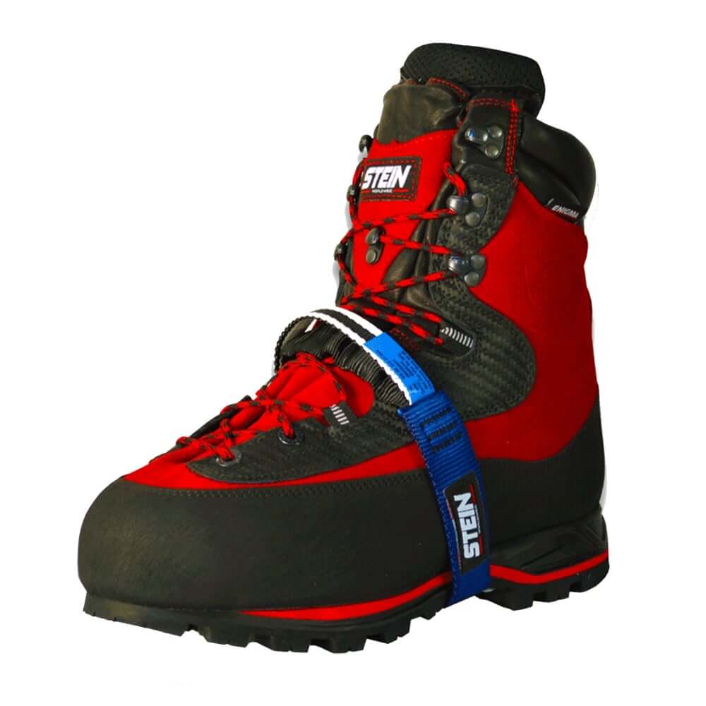 STEIN climbing boots in red and black, designed for durability and performance in tree surgeon applications.