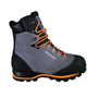 Gray and black boot with orange laces on a white background