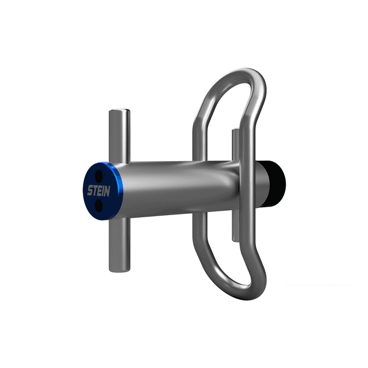 Arborist's STEIN LD750 lowering device. Silver metal tool with rope threading. Used for controlled tree limb descent.